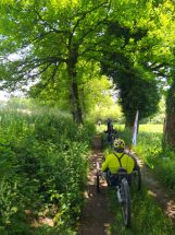 Un groupe handisport VTT roule sur un chemin sous les feuillages vert tendre